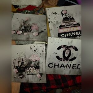 4 Chanel Canvas Art Set with Pink and Black Accents